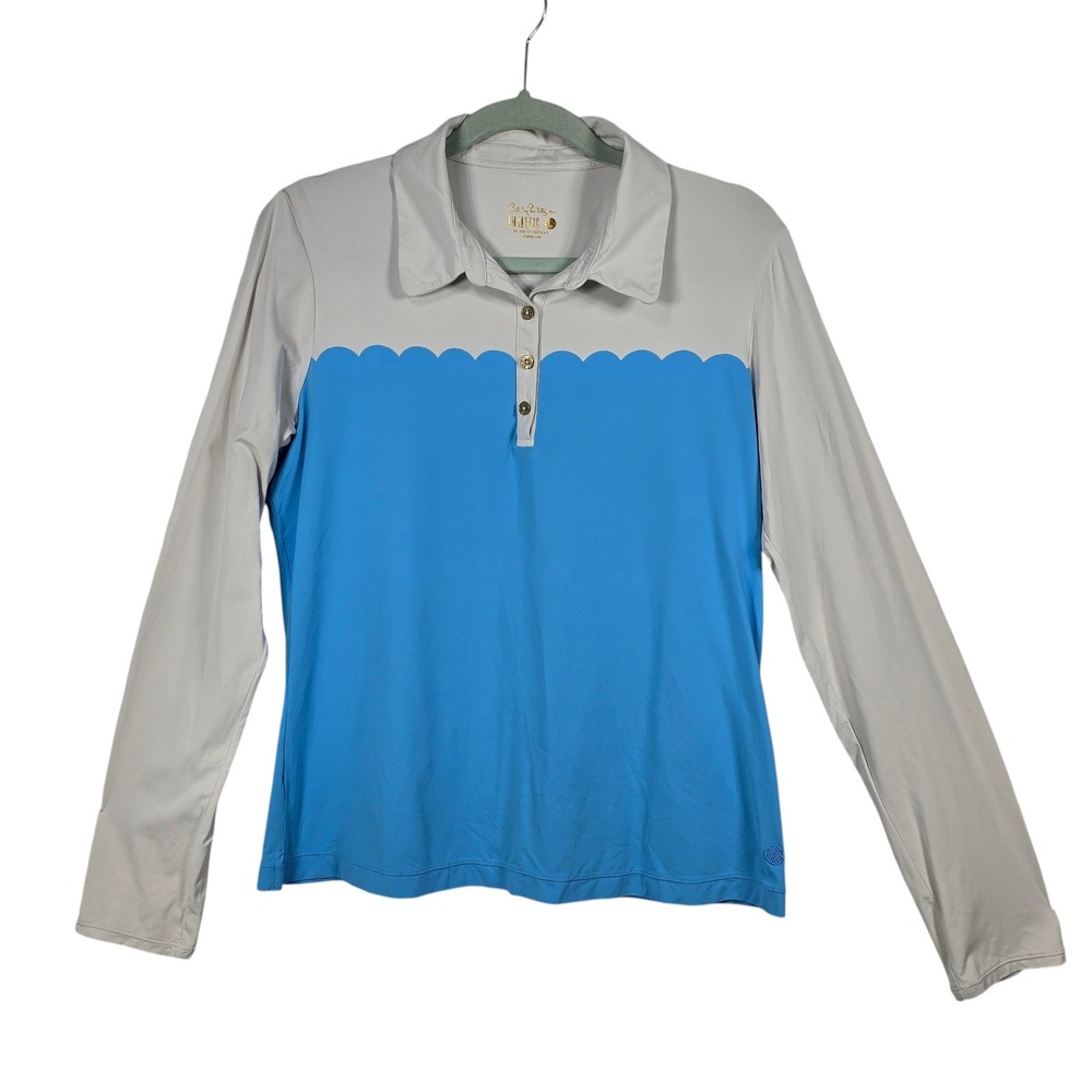 Lilly Pulitzer Luxletic Scalloped Colorblock Long Sleeve‎ Polo Top Blue Gray LRG